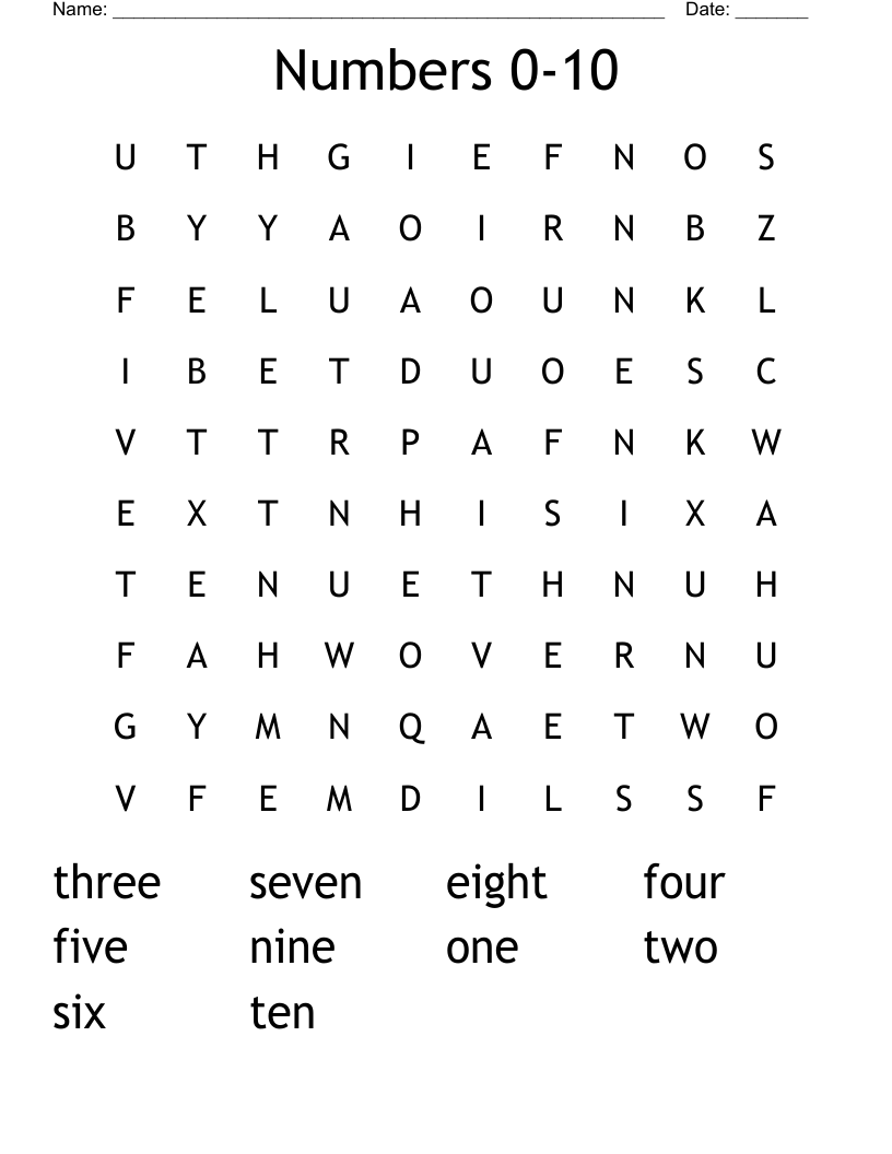 Numbers 0-10 Word Search