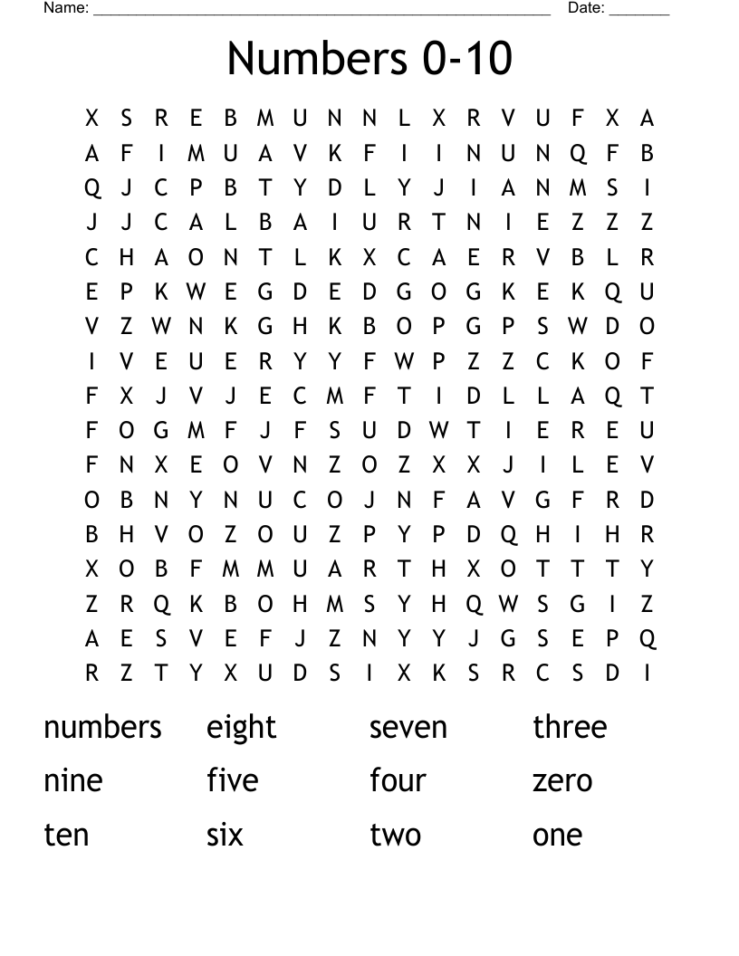 Numbers 0-10 Word Search