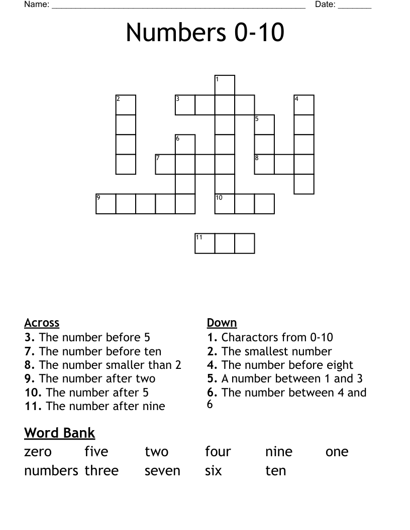 Numbers 0-10 Crossword