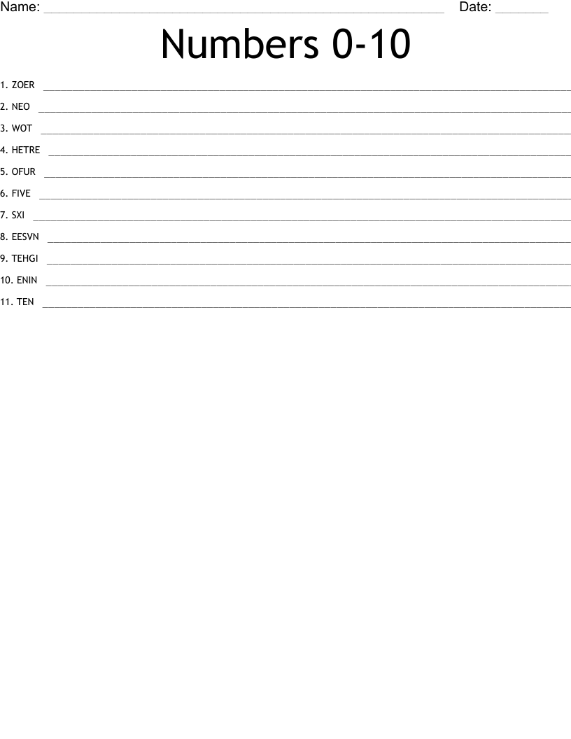 Numbers 0-10 Word Scramble