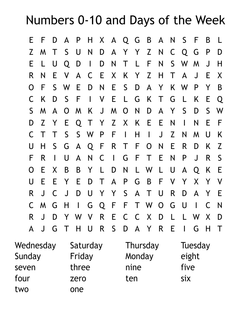 Numbers 0-10 and Days of the Week Word Search