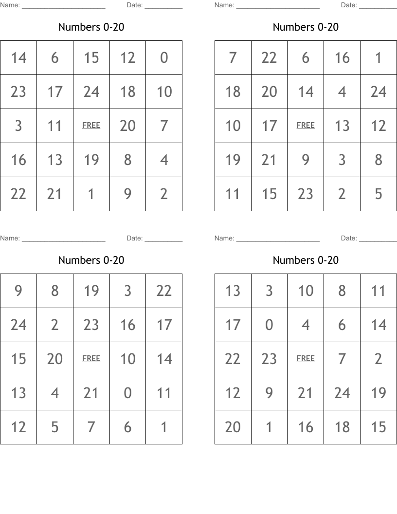 Numbers 0-20 Bingo Cards
