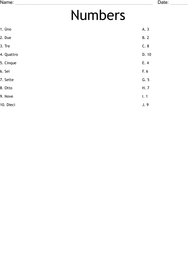 Numbers Worksheet
