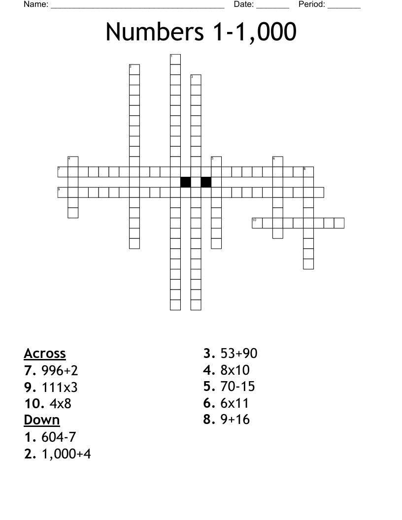 Numbers 1-1,000 Crossword
