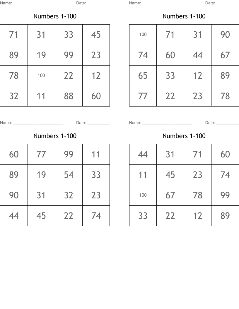 Numbers 1-100 Bingo Cards