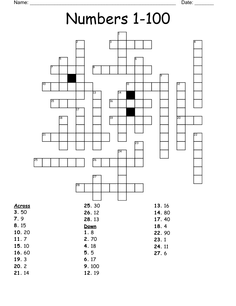 Numbers 1-100 Crossword