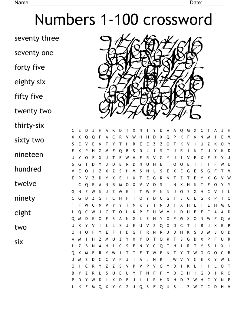 Numbers 1-100 crossword Word Search