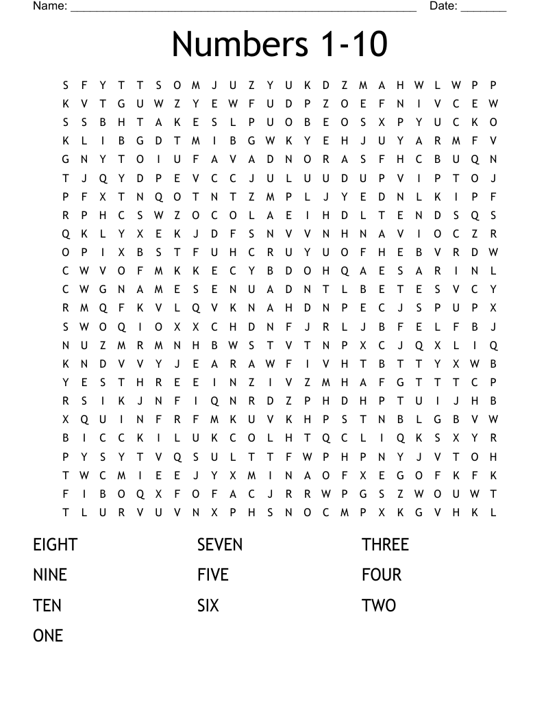 Numbers 1-10 Word Search