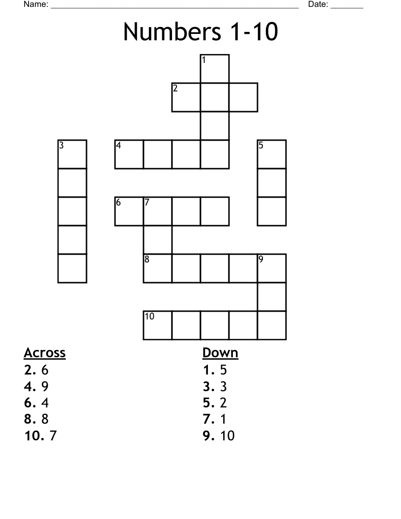 Numbers 1-10 Crossword