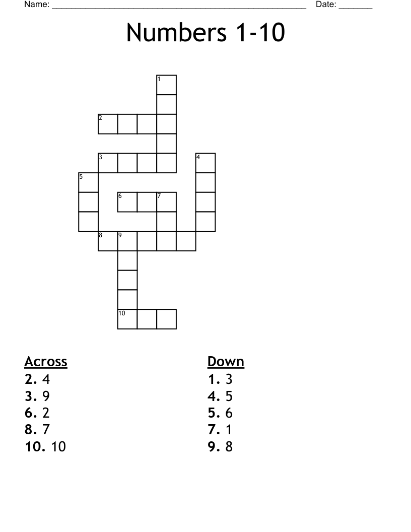 Numbers 1-10 Crossword