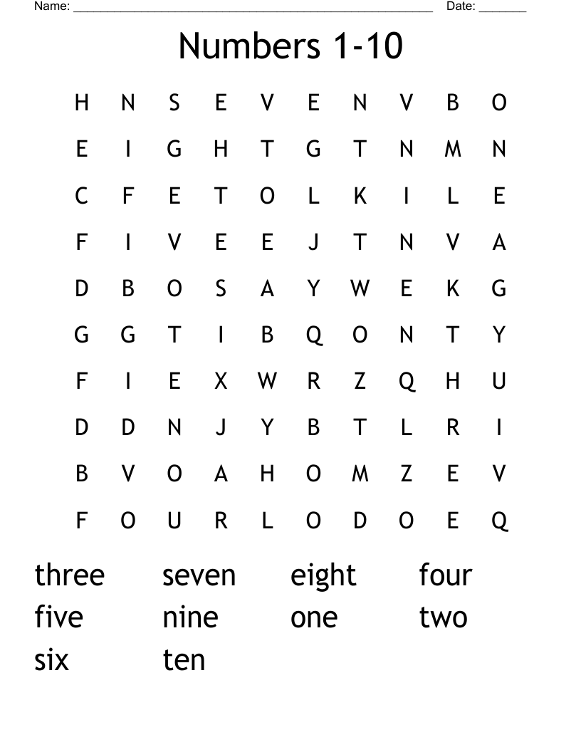 Numbers 1-10 Word Search