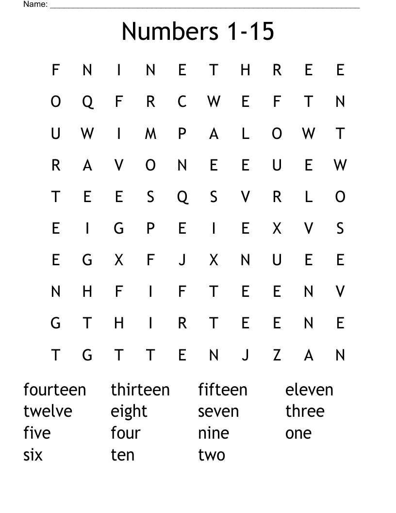 Numbers 1-15 Word Search