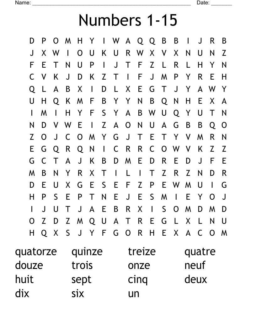 Numbers 1-15 Word Search