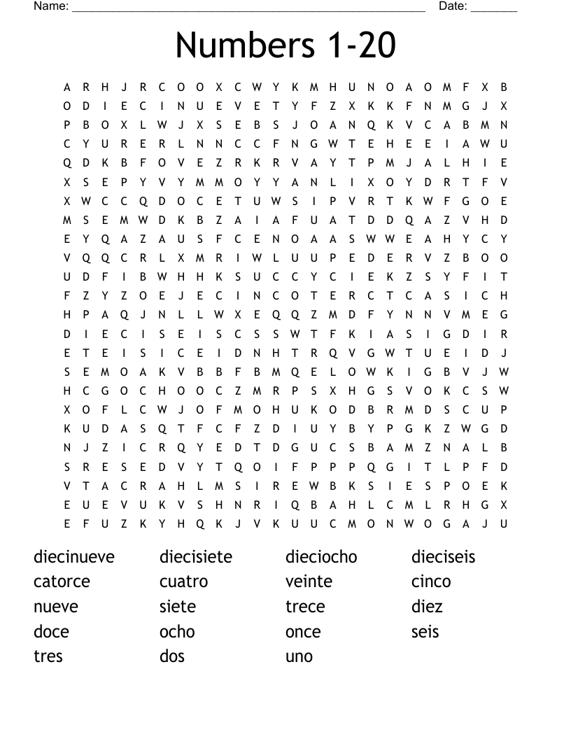 Numbers 1-20 Word Search