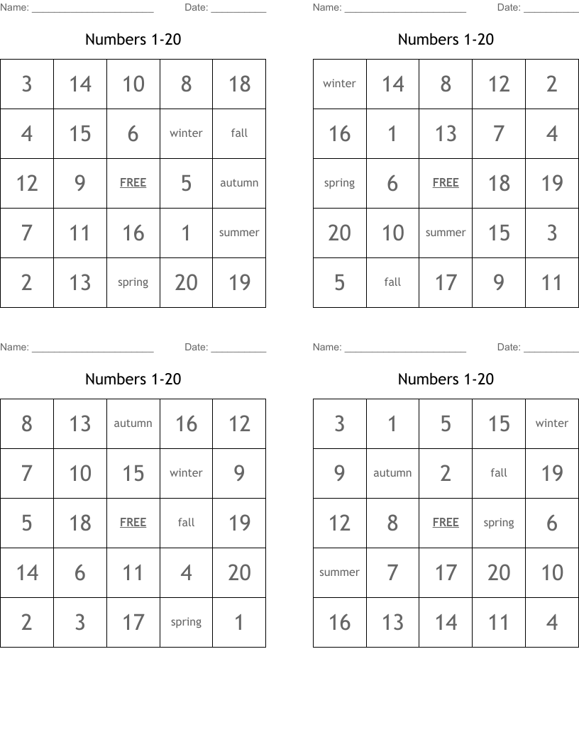 Numbers 1-20 Bingo Cards