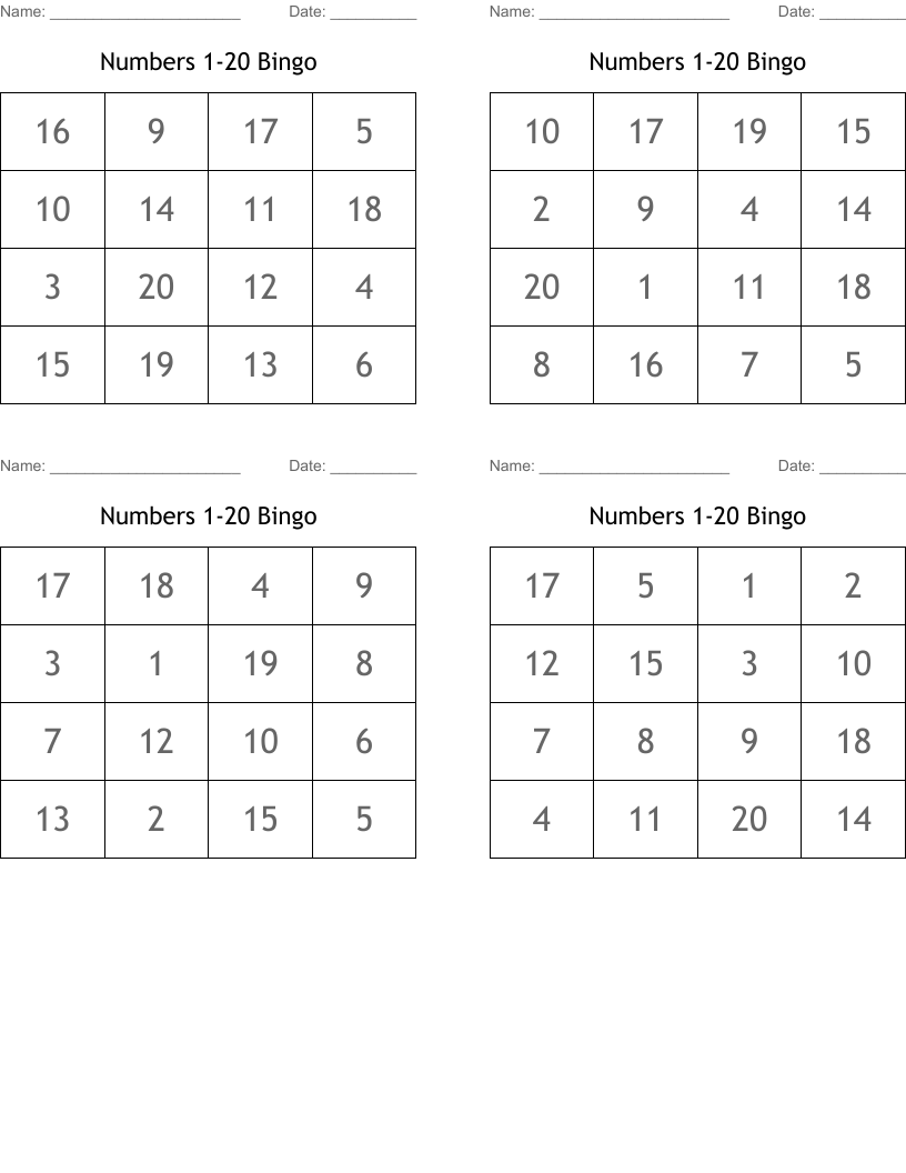 Numbers 1-20 Bingo