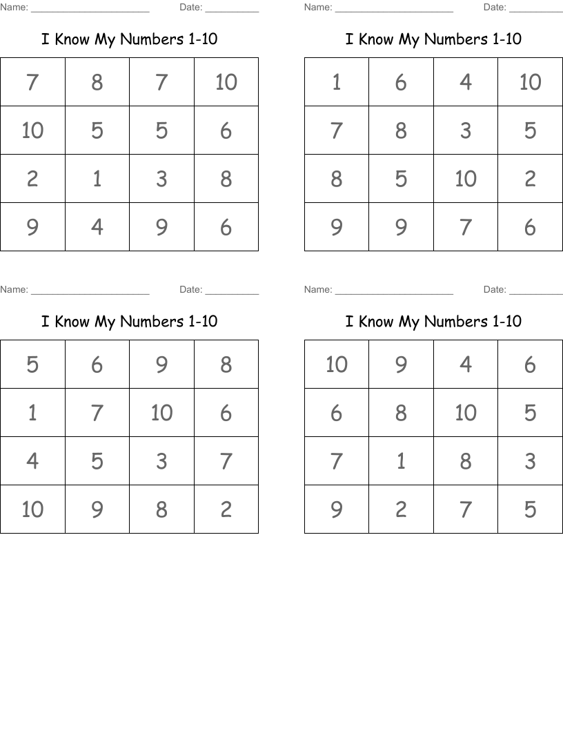 I Know My Numbers 1-10 Bingo Cards