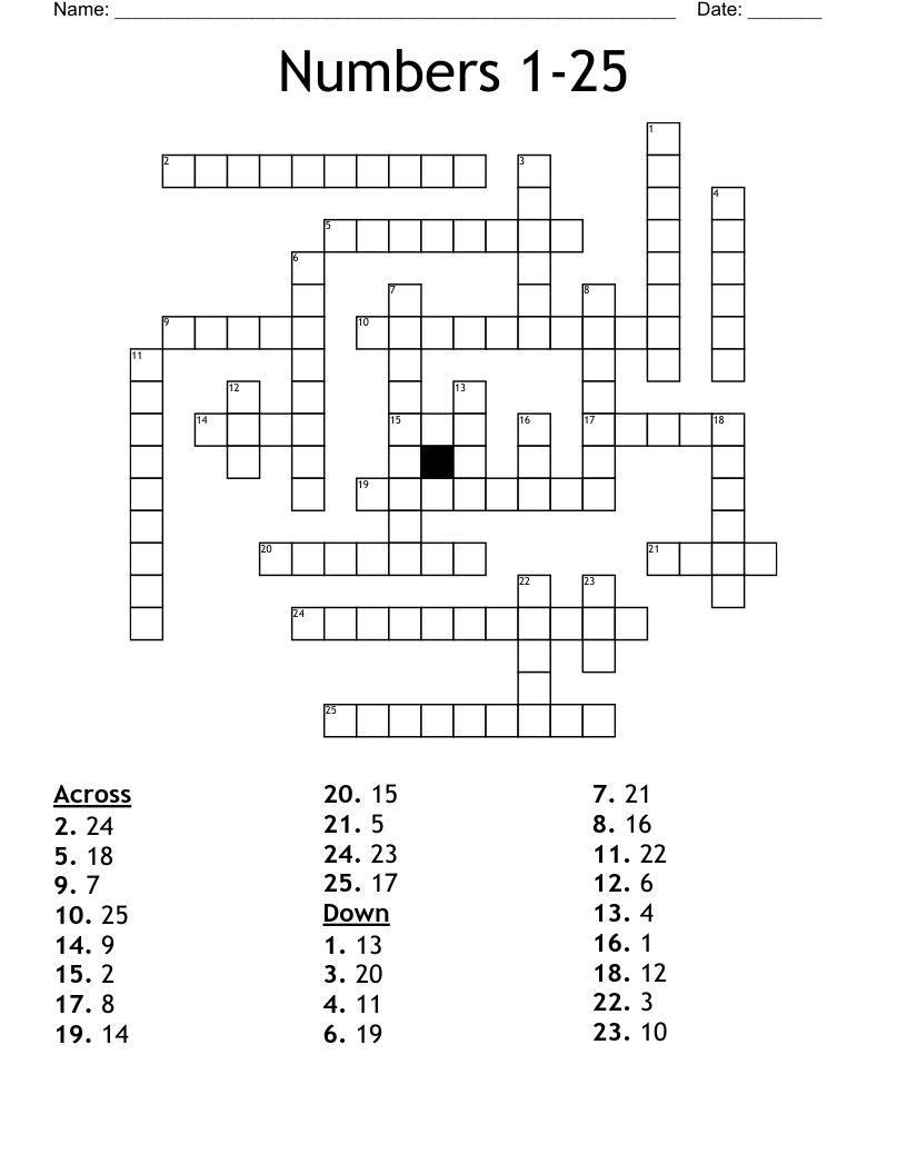 Numbers 1-25 Crossword
