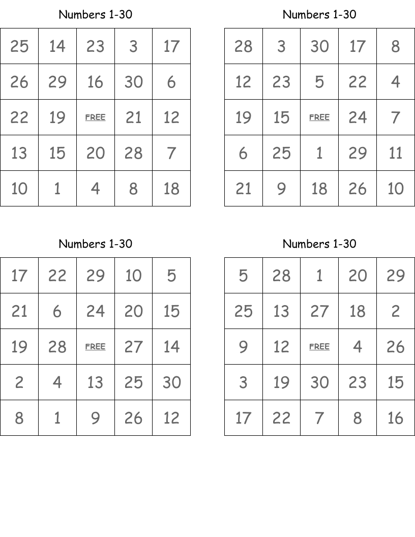 Numbers 1-30 Bingo Cards