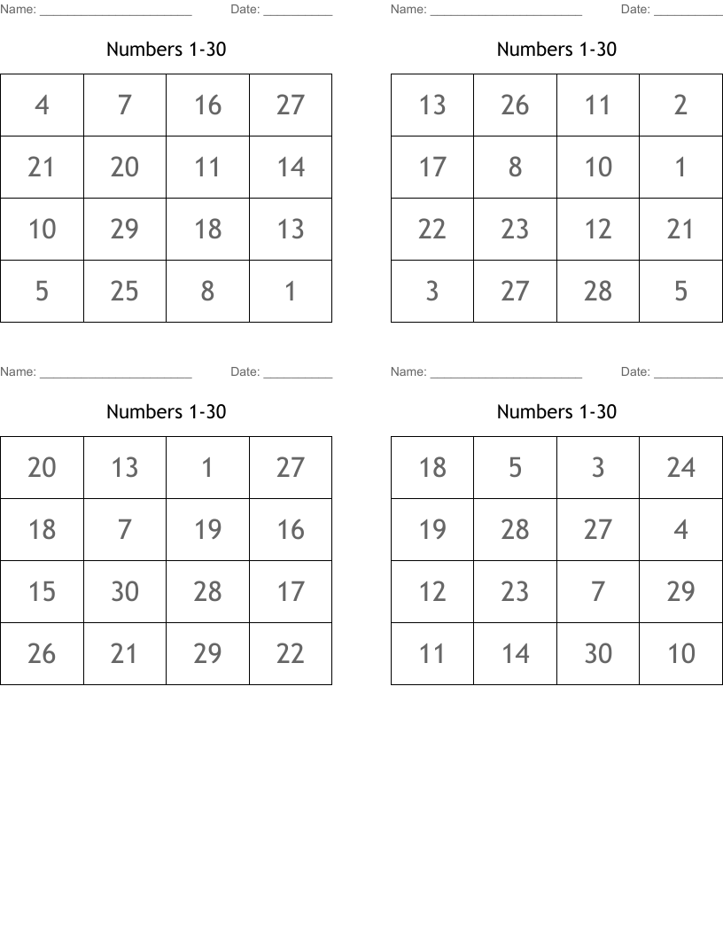 Numbers 1-30 Bingo Cards