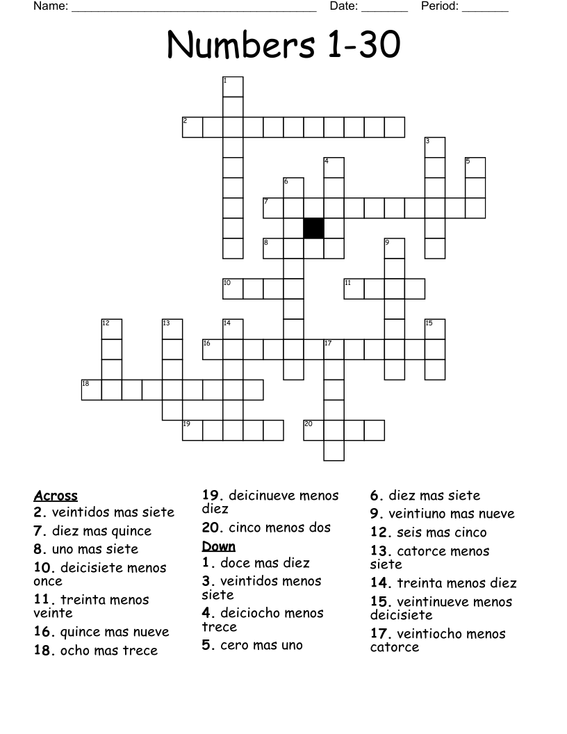 Numbers 1-30  Crossword