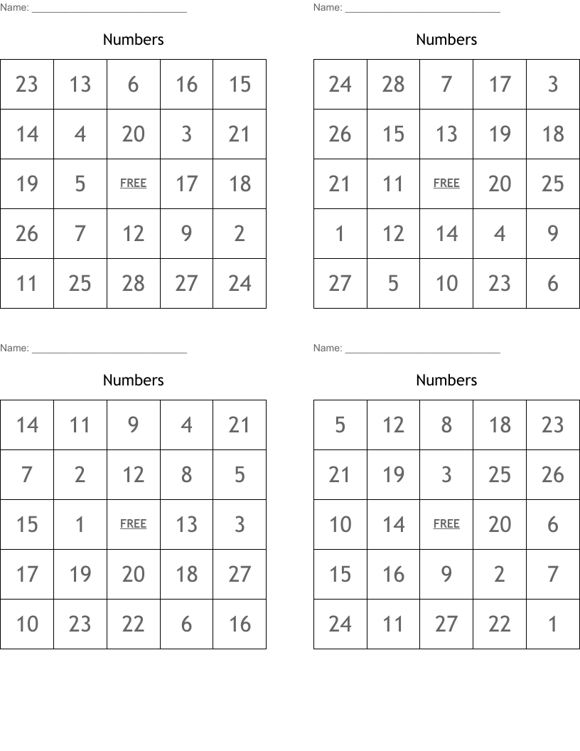 Numbers Bingo Cards