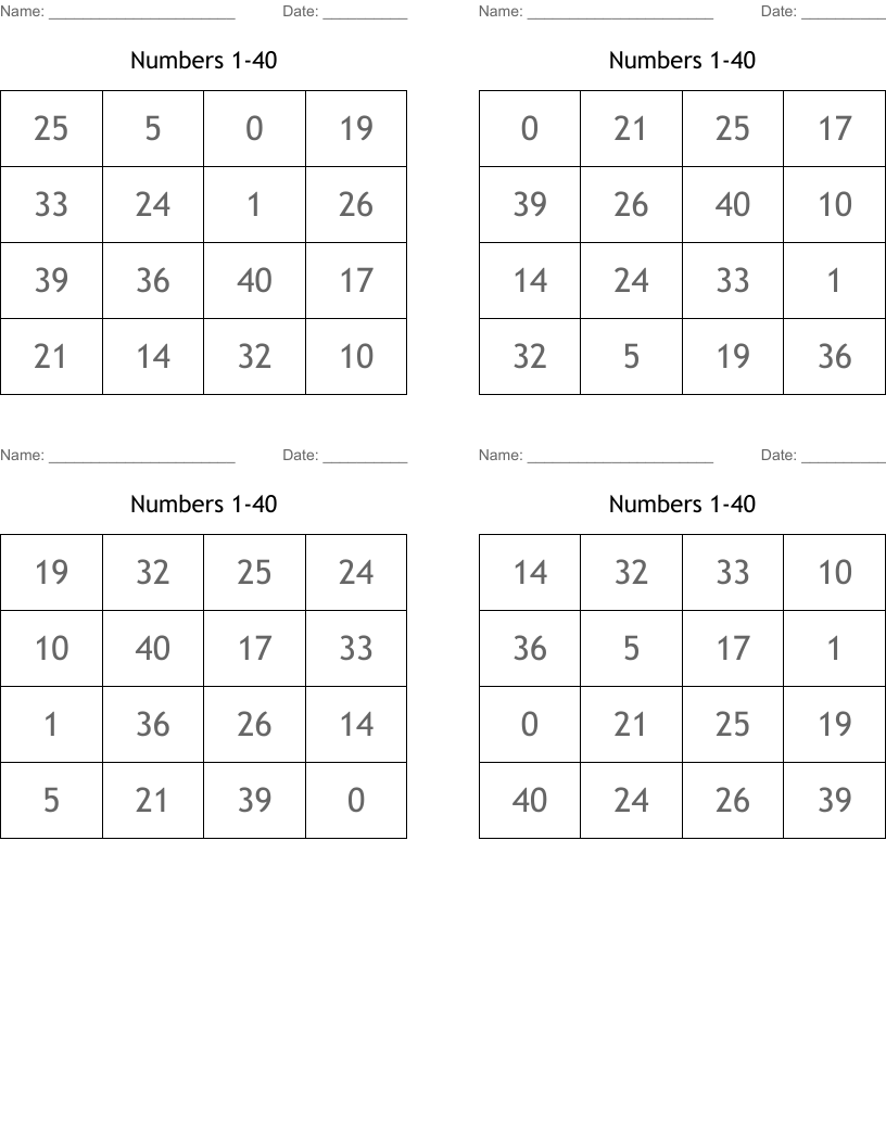 Numbers 1-40 Bingo Cards
