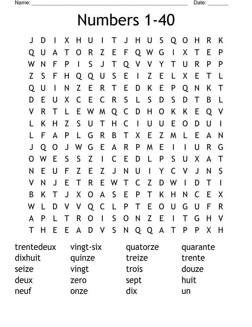 Numbers 1-40 Word Search