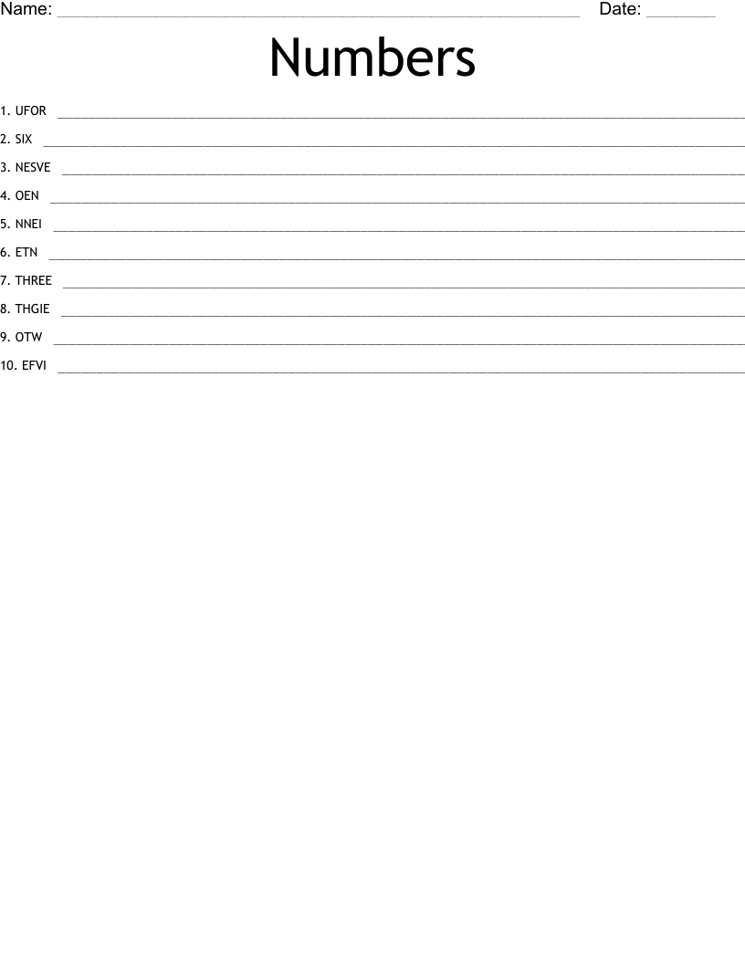 Numbers Word Scramble