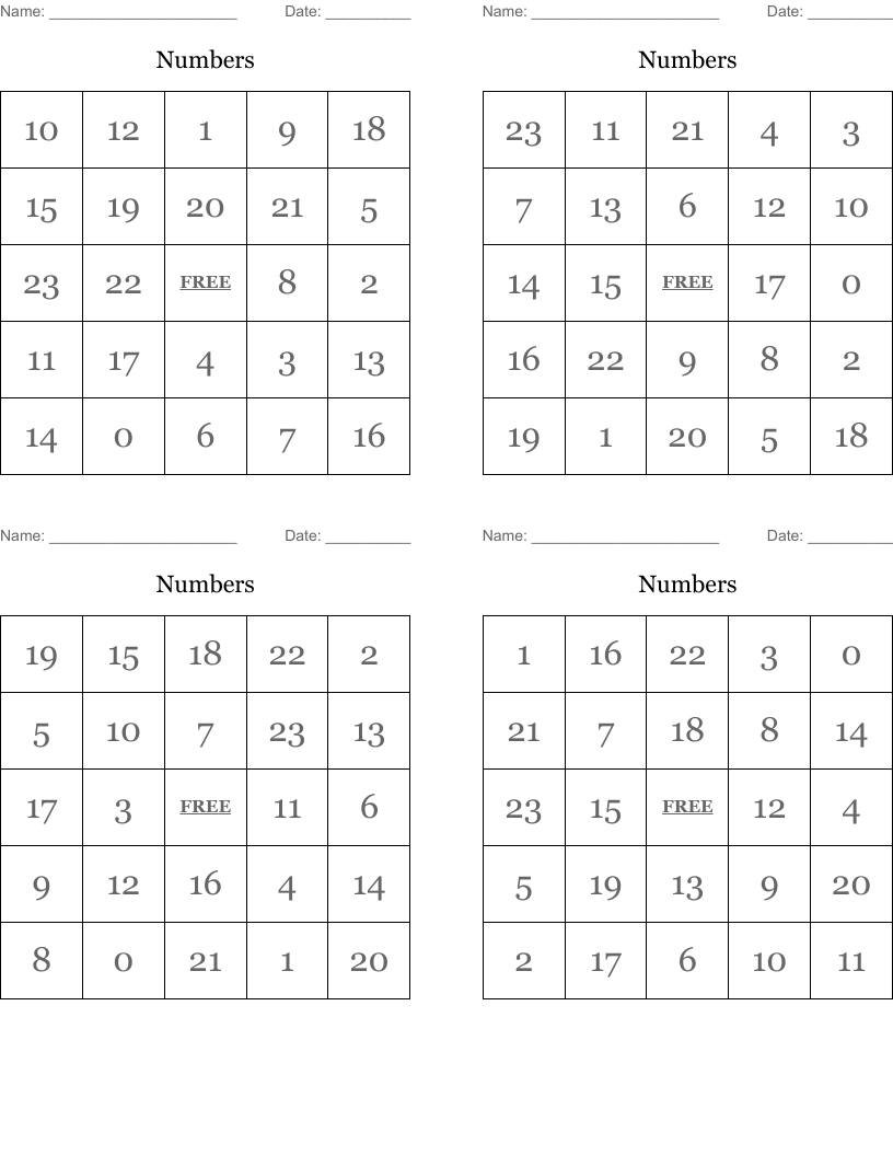 Numbers Bingo Cards
