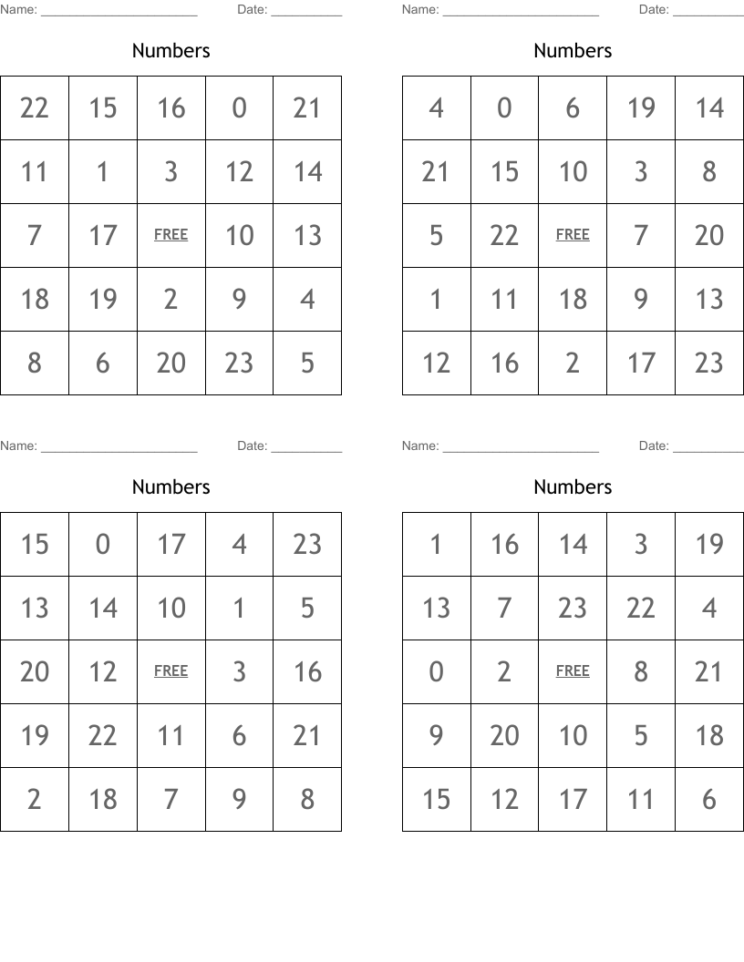 Numbers Bingo Cards