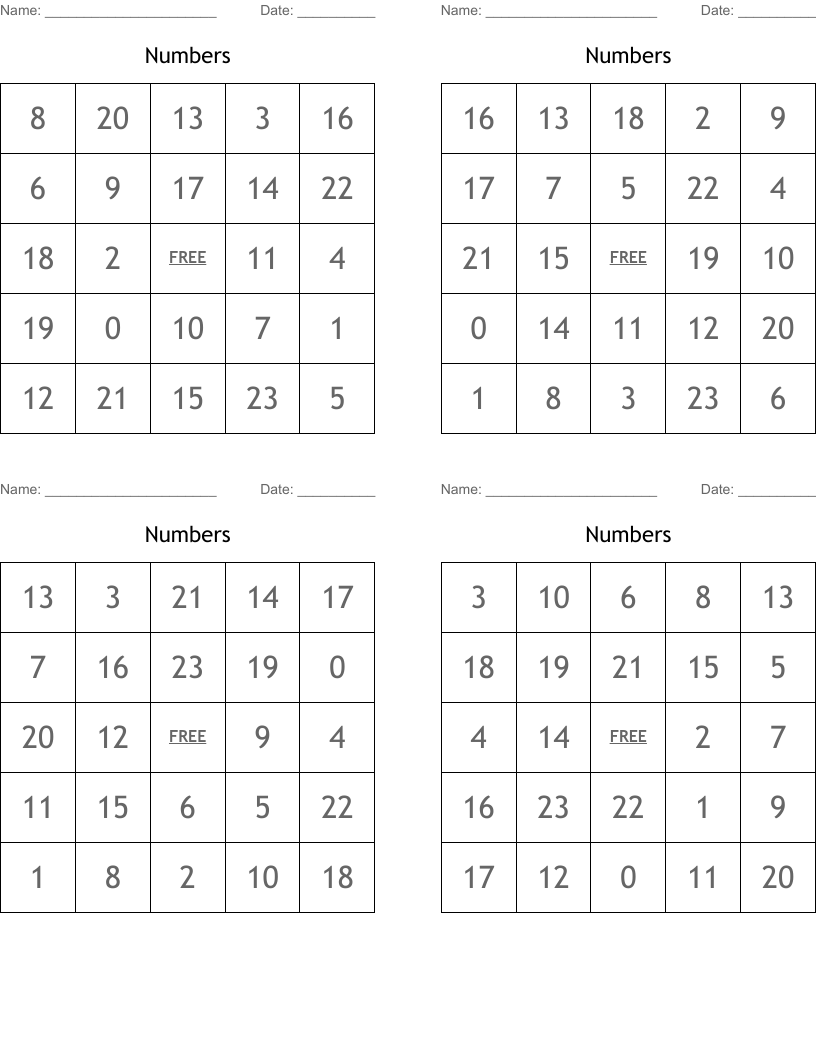 Numbers Bingo Cards