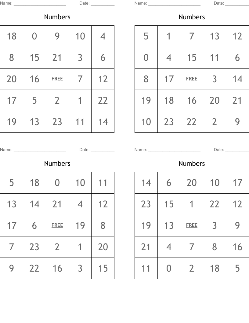 Numbers Bingo Cards