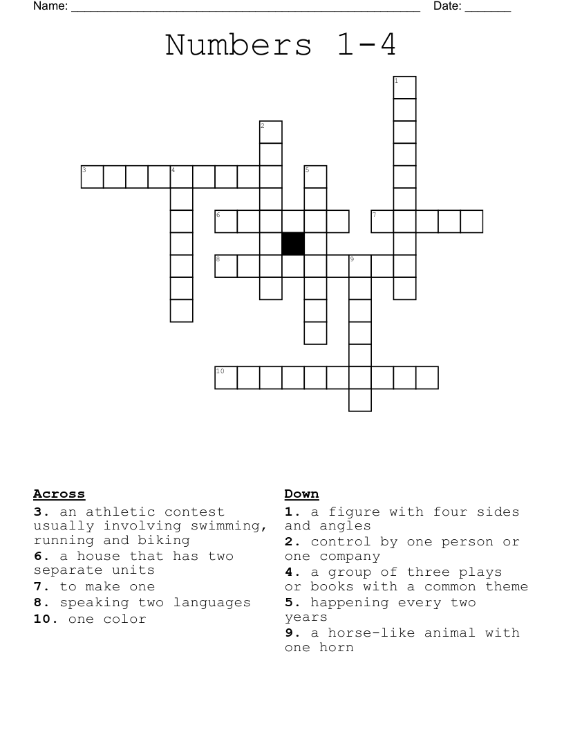Numbers 1-4 Crossword