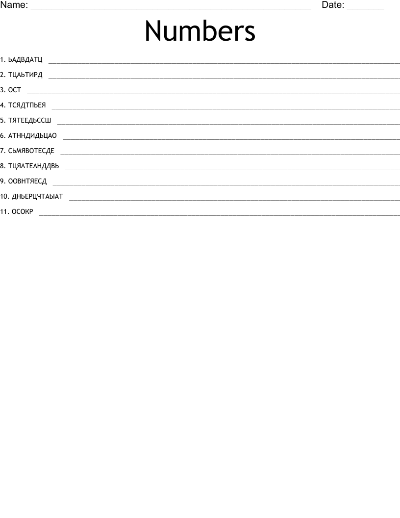 Numbers Word Scramble
