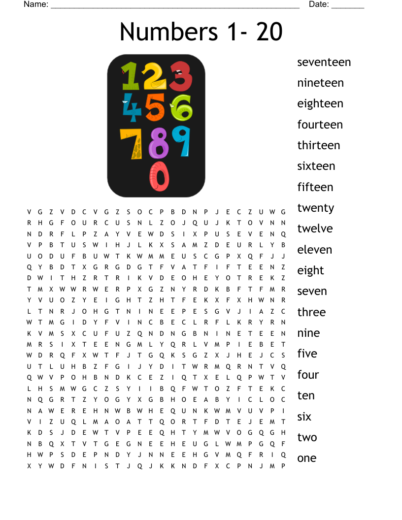 Numbers 1- 20 Word Search