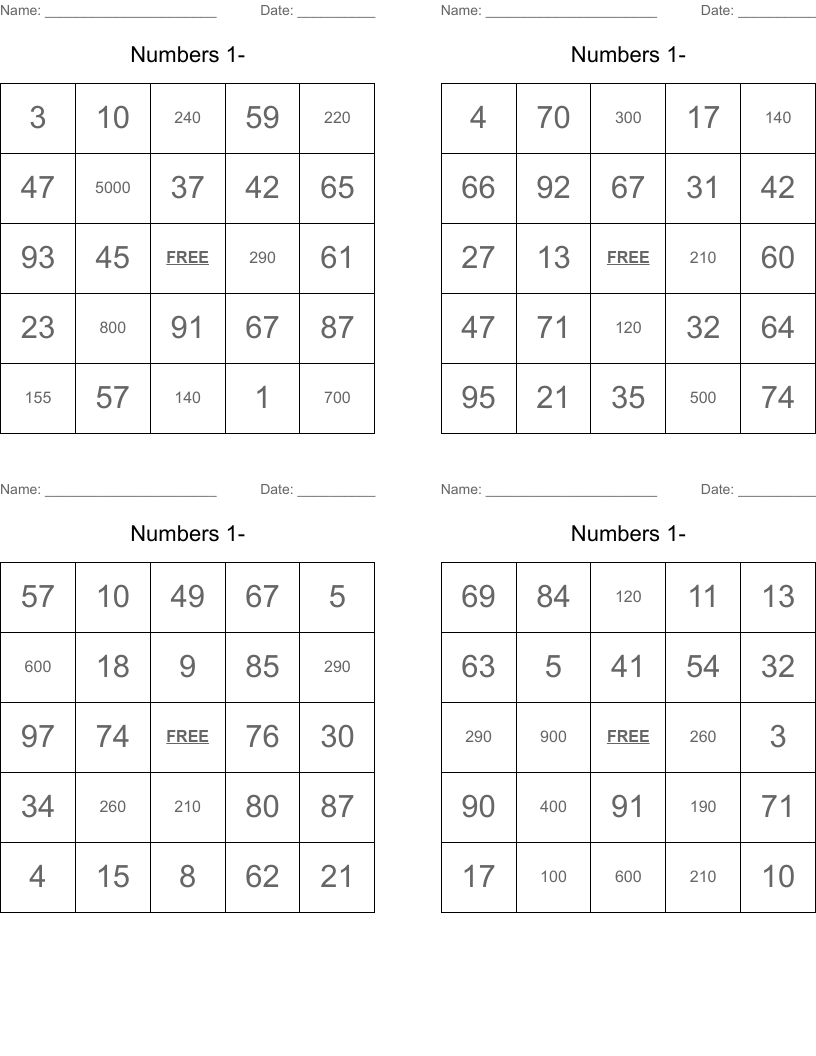 Numbers 1- Bingo Cards