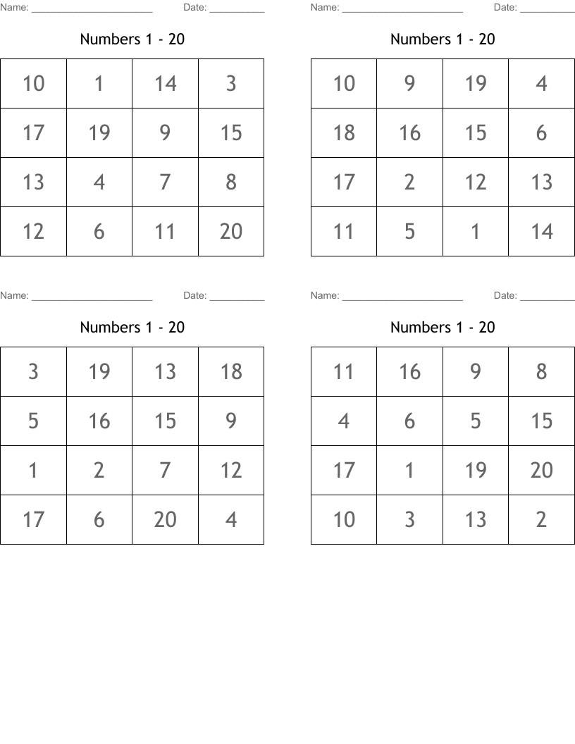 Numbers 1 - 20 Bingo Cards
