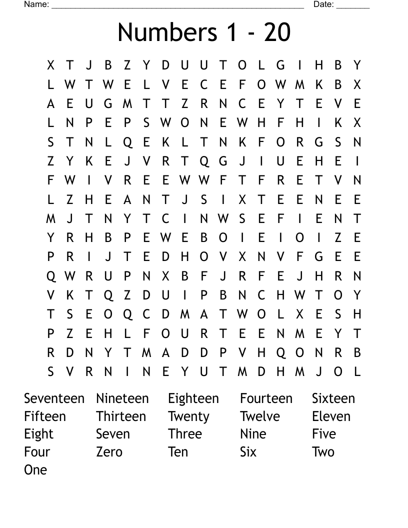 Numbers 1 - 20 Word Search