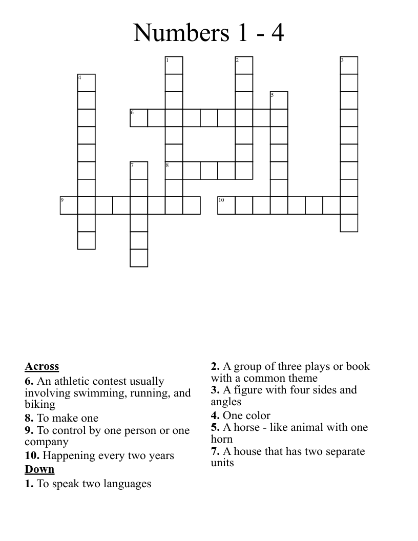Numbers 1 - 4 Crossword