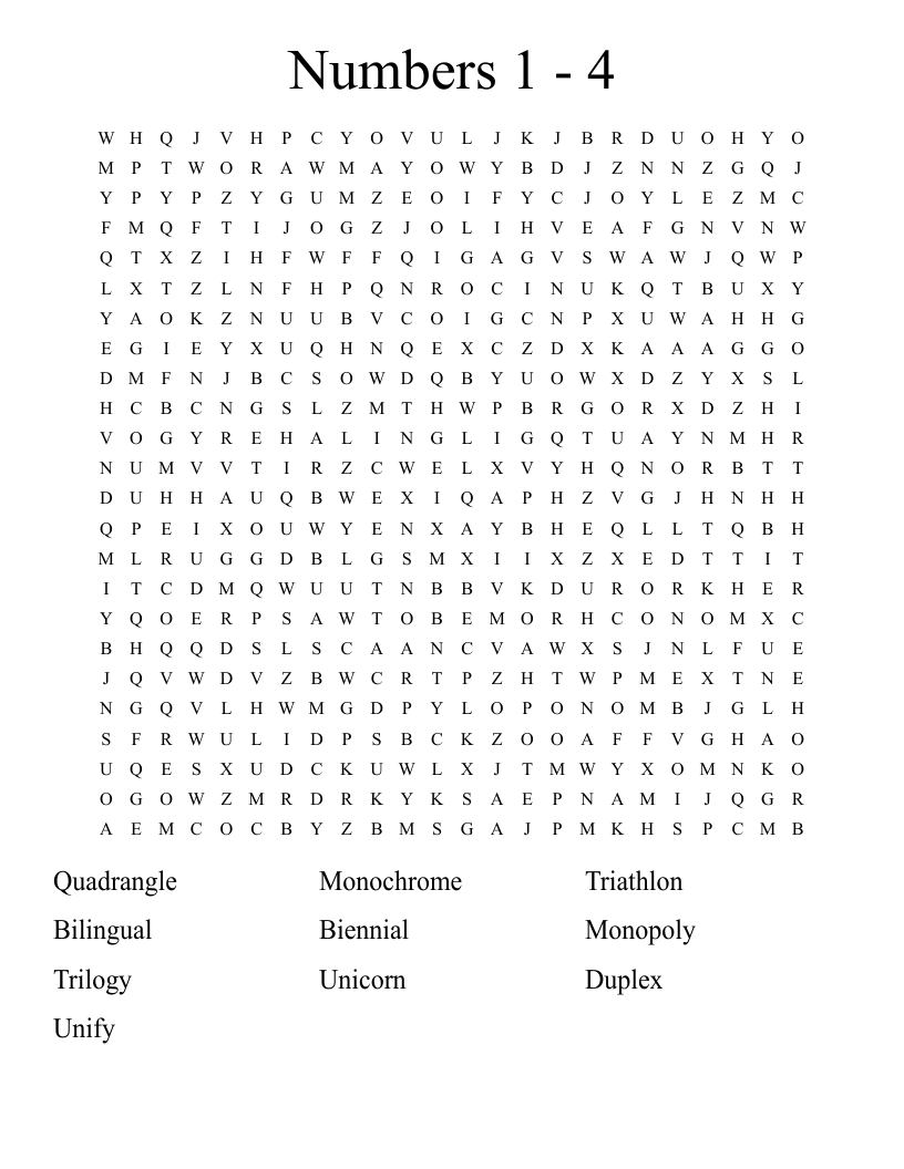 Numbers 1 - 4 Word Search
