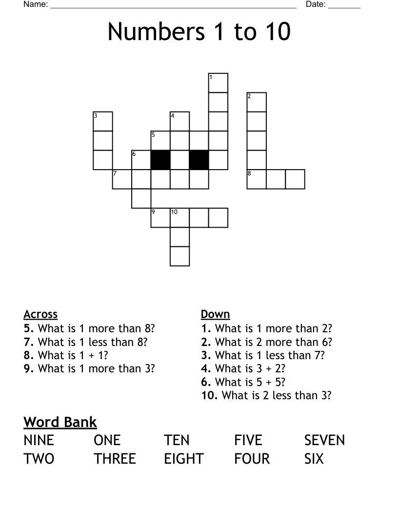 Numbers 1 to 10 Crossword