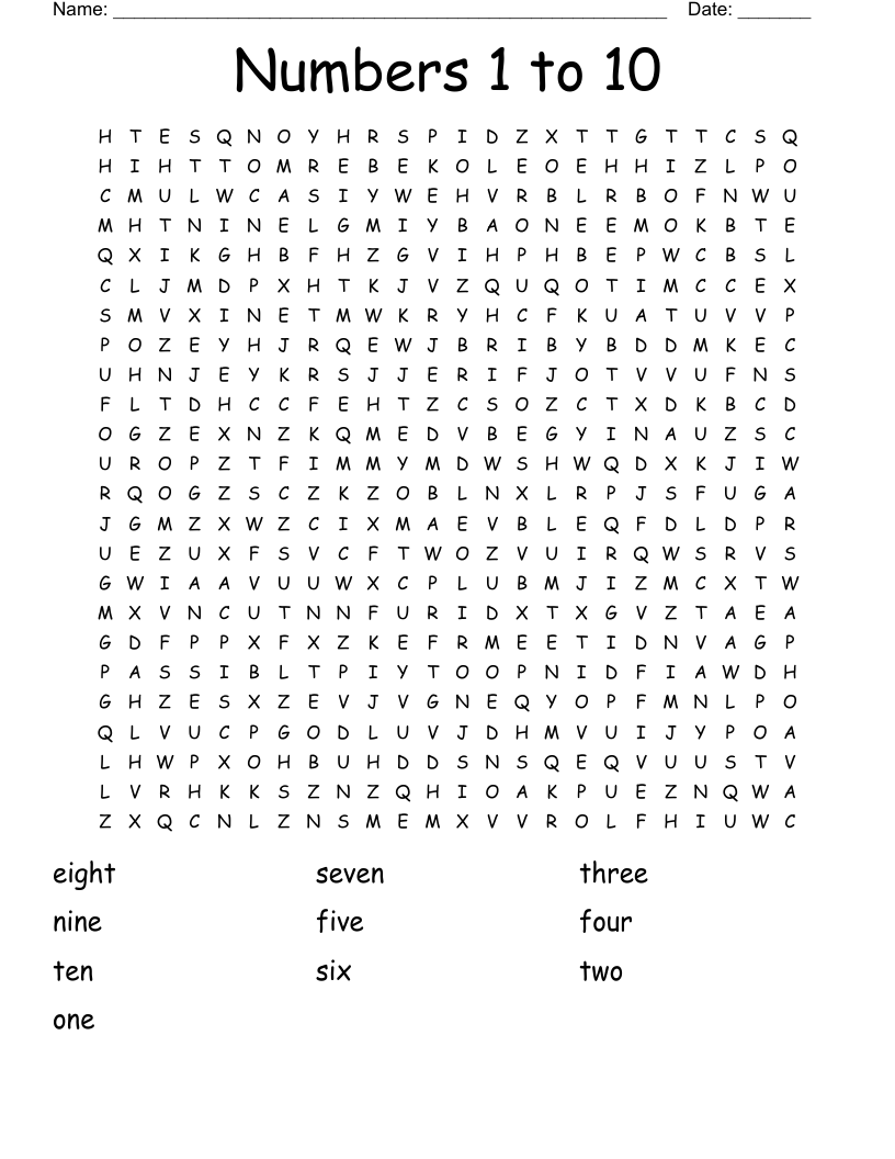 Numbers 1 to 10 Word Search