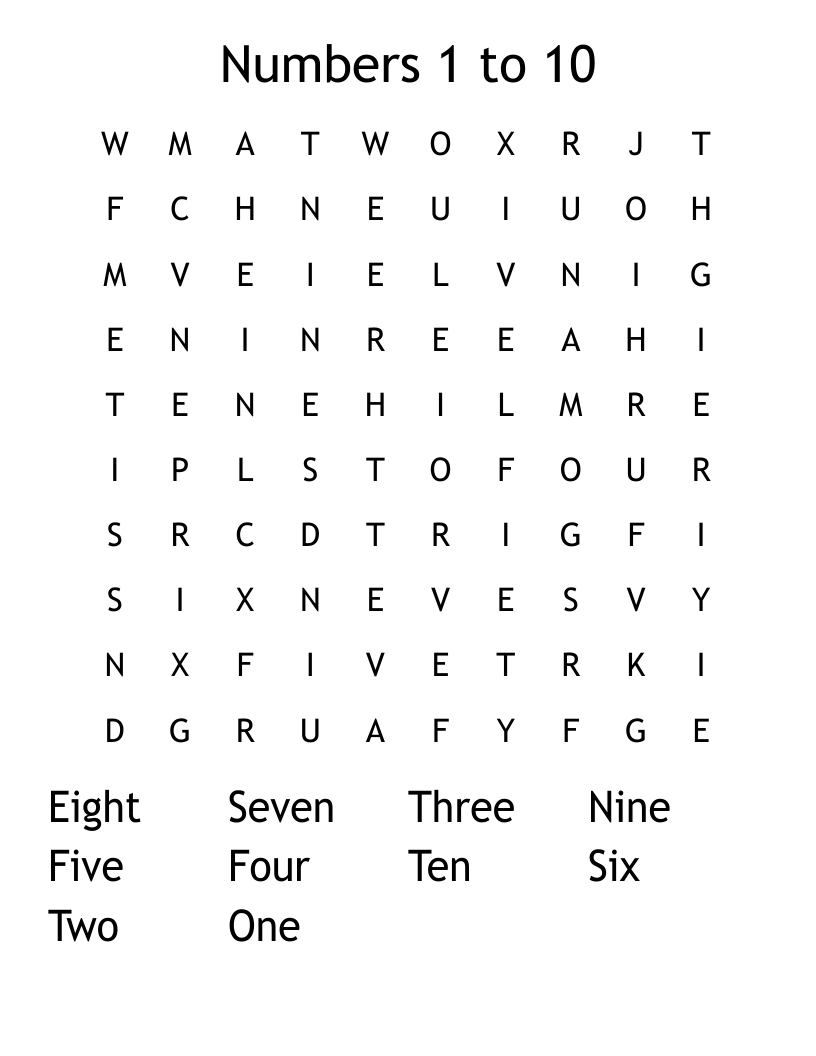 Numbers 1 to 10 Word Search
