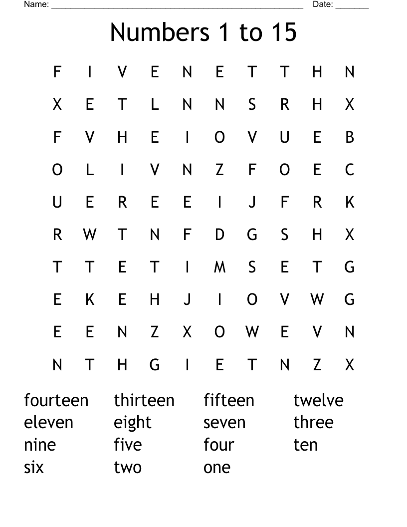 Numbers 1 to 15 Word Search