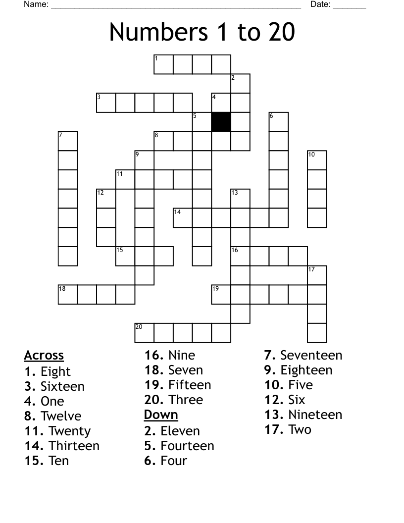 Numbers 1 to 20 Crossword