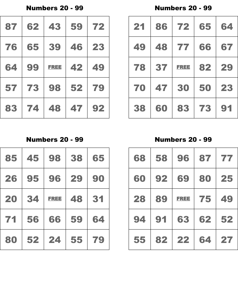 Numbers 20 - 99 Bingo Cards