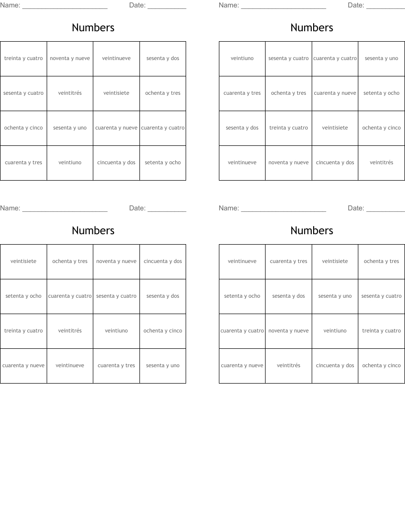 Numbers Bingo Cards