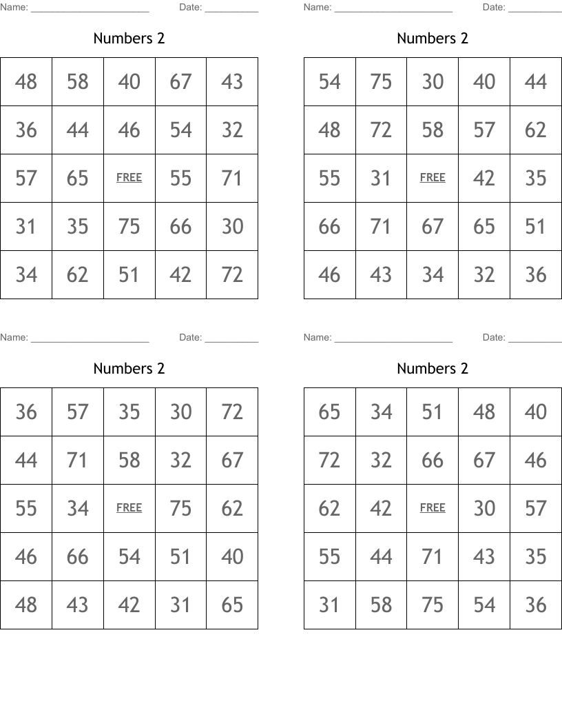 Numbers 2 Bingo Cards