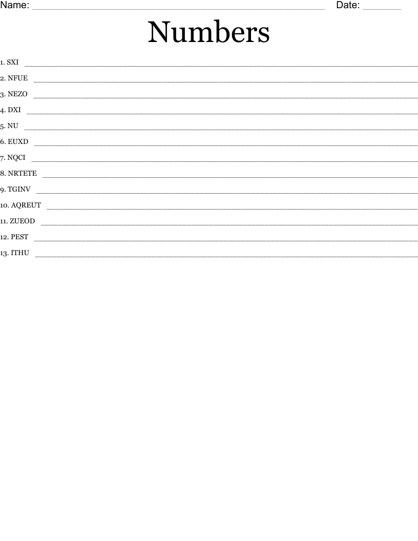 Numbers Word Scramble